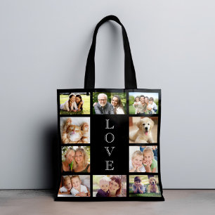 Black tote with a ten-photo family collage and a LOVE lettering