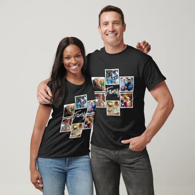 Black t-shirt with a collage of family photos worn by a couple
