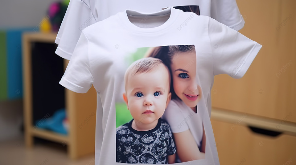 White t-shirt with a mother-and-baby photo hanging in a nursery