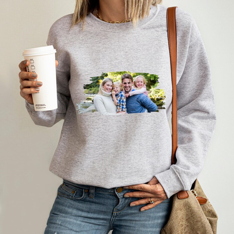 Heather grey crewneck sweatshirt with a full-colour family photograph in the forest printed on the chest